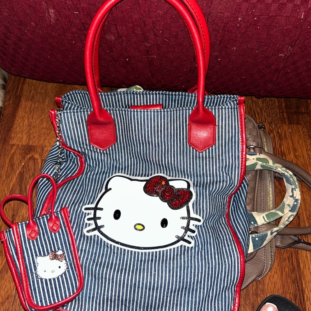 Vintage Hello Kitty Red and Blue Tote Bag with Stripes with cell phone case
